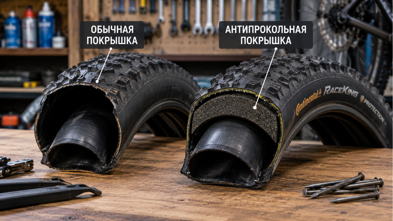 Антипрокольная и обычная покрышка рядом