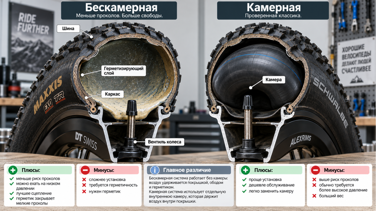 Бескамерная и камерная система покрышек