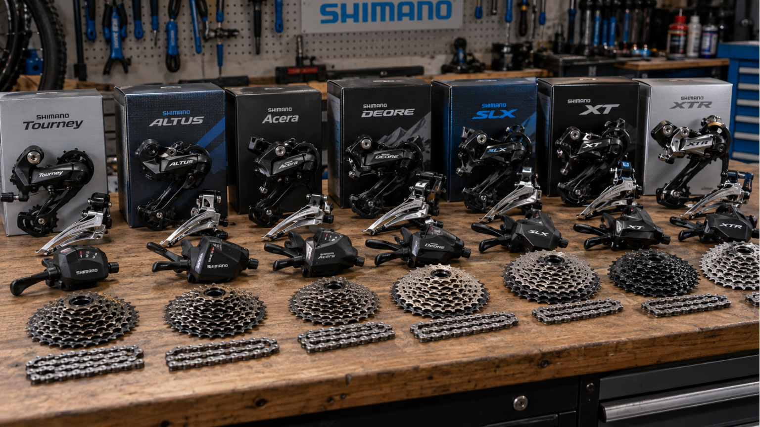 Компоненты трансмиссии Shimano разных уровней
