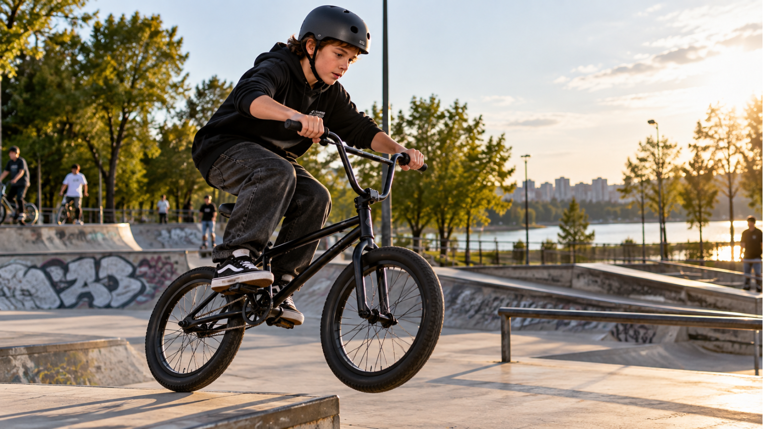 Мальчик катается на BMX в парке