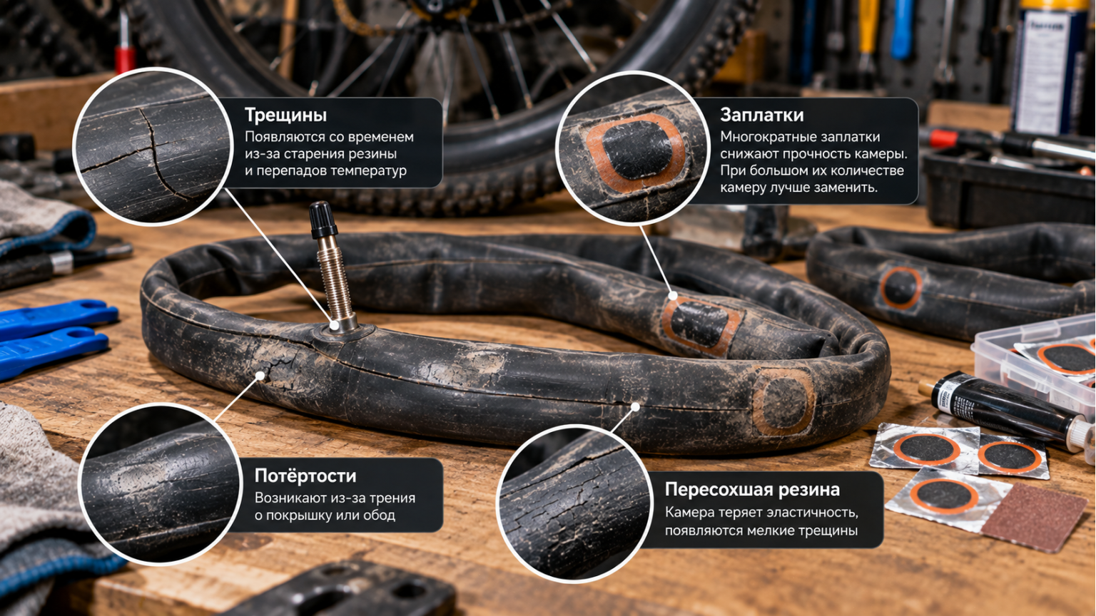 Признаки износа велосипедной камеры - трещины и заплатки