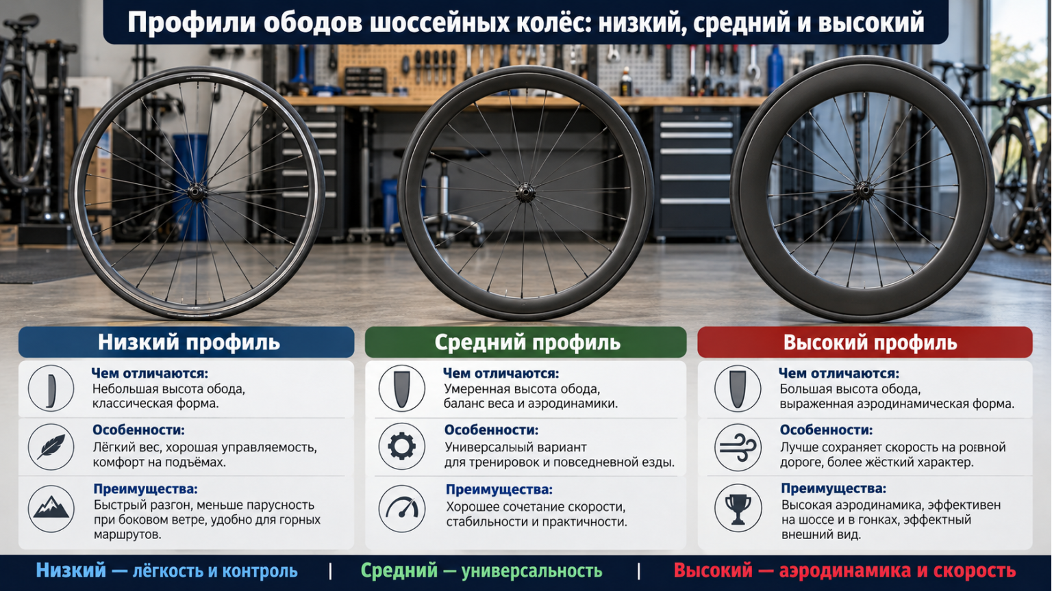 Профили ободов шоссейных колёс - низкий, средний и высокий