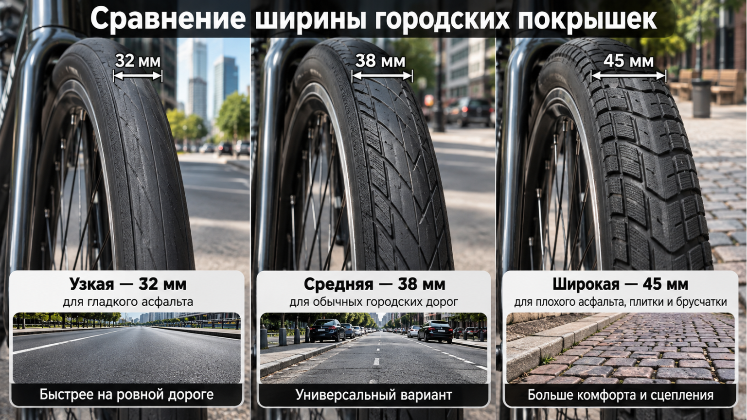 Сравнение ширины городских покрышек для разных дорог