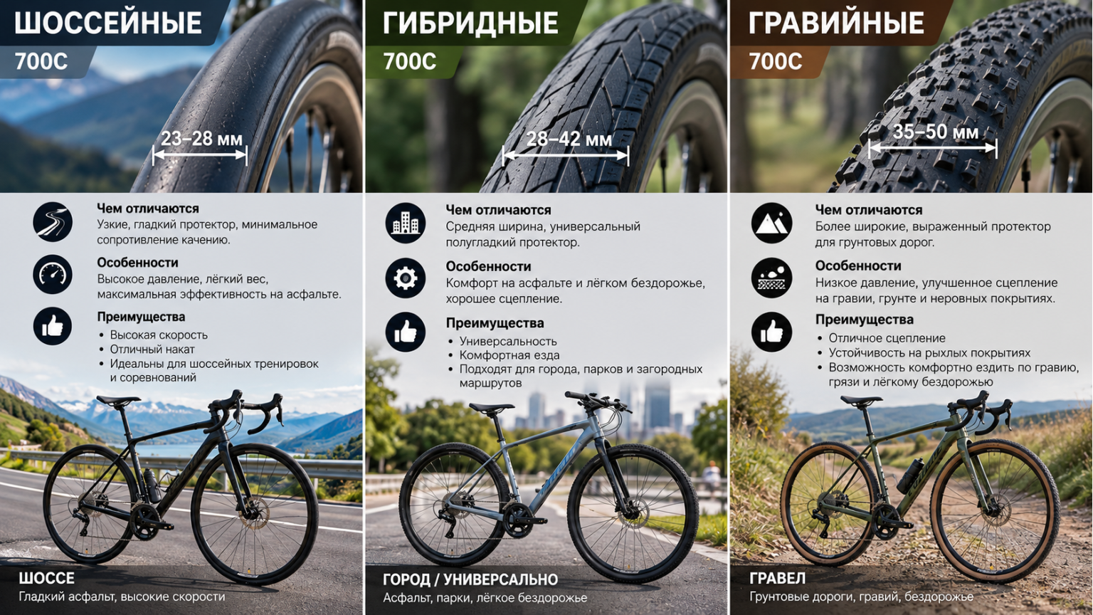 Сравнение ширины покрышек 700C - шоссе, гибрид и гравел