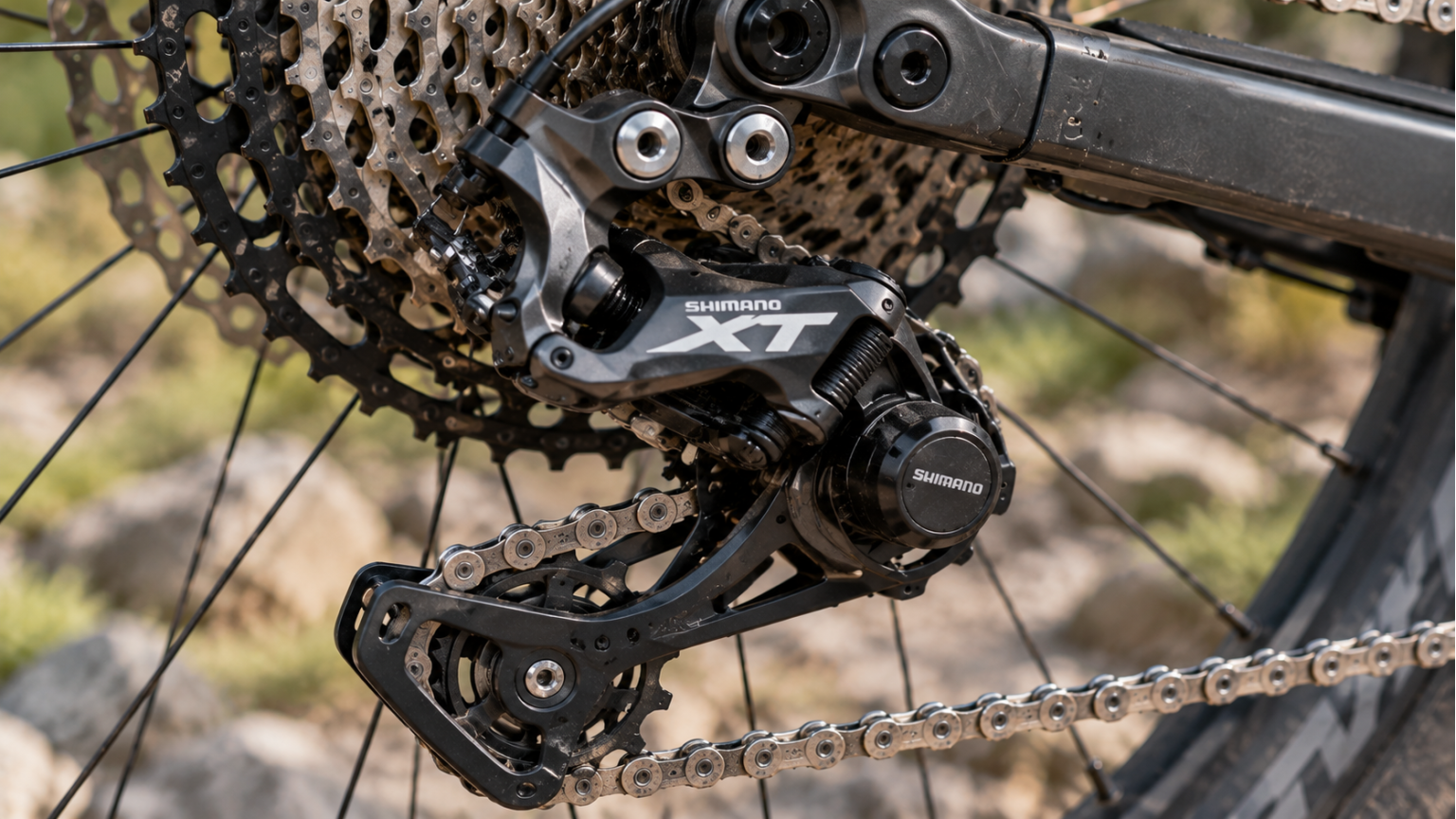 Задний переключатель Shimano XT крупным планом