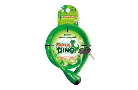 Замок велосипедный детский, Super Dino, 12×800 мм, трос стальной, с ключами, зеленый