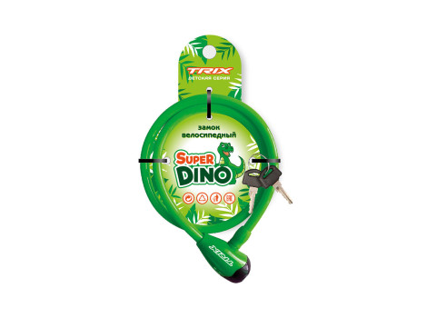 Замок велосипедный детский, Super Dino, 12×800 мм, трос стальной, с ключами, зеленый