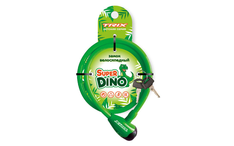 Замок велосипедный детский, Super Dino, 12×800 мм, трос стальной, с ключами, зеленый