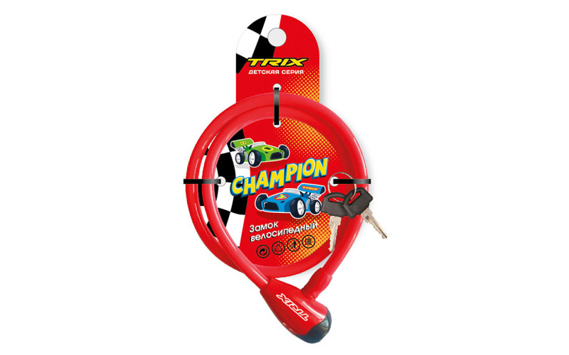 Замок велосипедный Champion, 12×800 мм, трос стальной, с ключами, красный