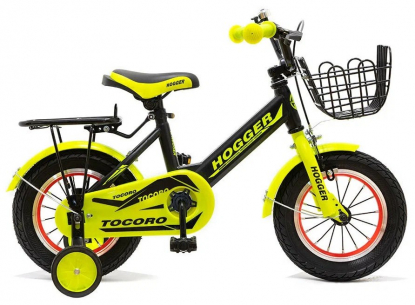 12"Велосипед HOGGER "TOCORO" рама:сталь /доп.колеса,метал.корзина, багажник, черно-лимонный